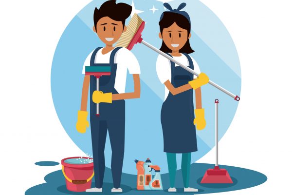 Cleaner smiling and working with cleaning products vector illustration